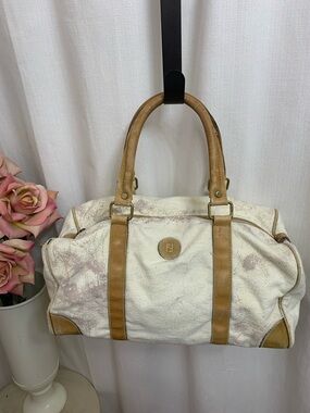 FENDI VINTAGE DUFFLE Project Bag Cream Canvas with Tan Leather Brass